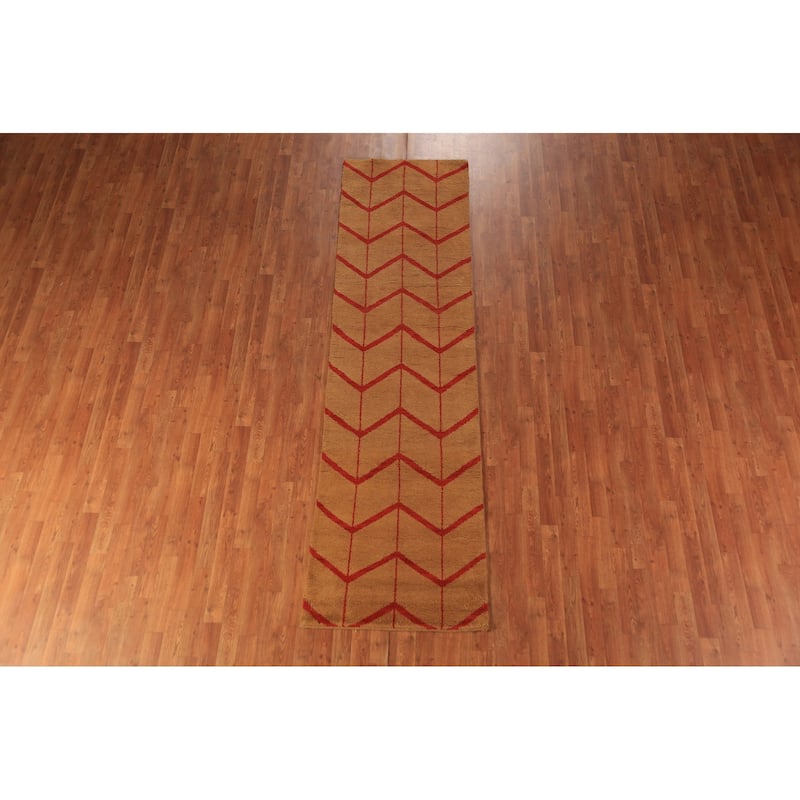 Hand Knotted Oriental 100% Wool Carpet Modern Geometric Oranges & Rust Moroccan Runner Rug - 9' 10'' X 2' 9''