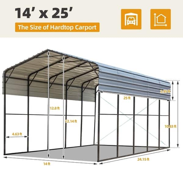 dimension image slide 8 of 12, Heavy-Duty Metal Carport with Upgraded Galvanized Steel Roof – Ideal Shelter for Cars, Boats, and Tractors