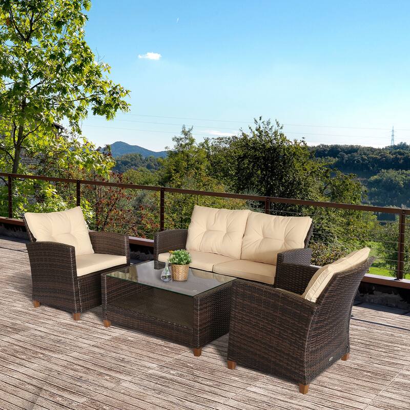 Outsunny 4-piece Outdoor Patio Rattan Furniture Set w/ 2 Chairs, 1 Double Couch, & a Coffee Table & Cushions