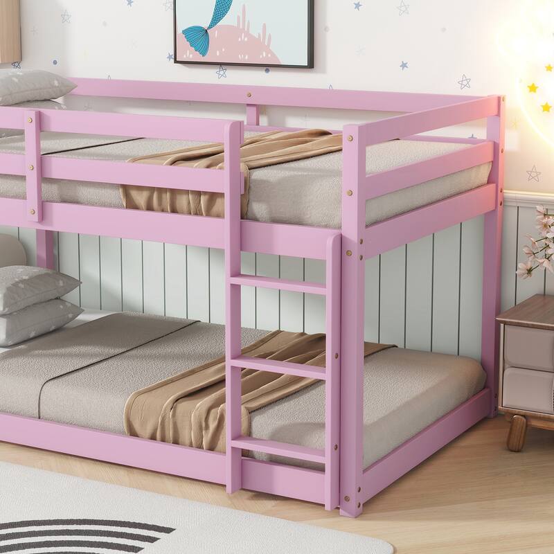Wooden Twin over Twin Floor Bunk Bed with Ladder, with Bed Platform of Strengthened Slats