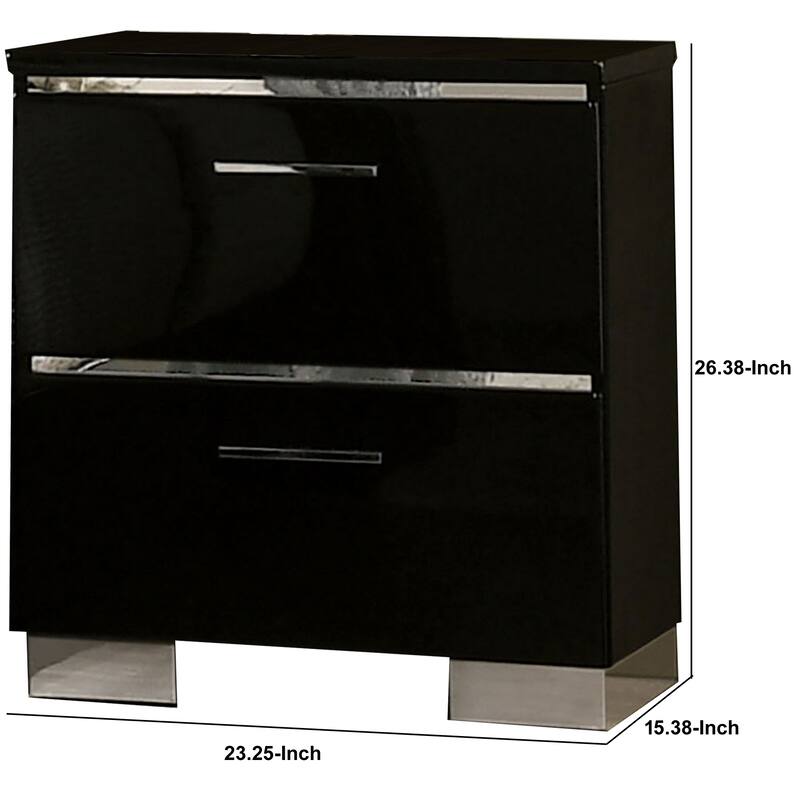 Two Drawer Nightstand with USB Charger and Bar Handle Pulls, Black