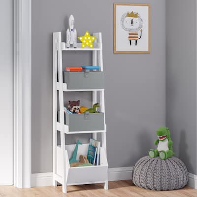 RiverRidge Home Kids 4-Tier 13in Ladder Shelf with Toy Organizer and 2pc Fabric Bins