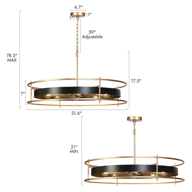 Modern Luxury 8-Light Black Gold Chandelier Wheel Kitchen Island Metal Pendant Lights for Dining Room - 31.6 " × 17.5 "