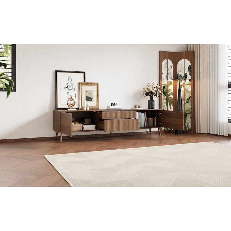 Roomfitters 70 Inch Fluted TV Stand for TVs up to 80 Inch, Media Console with Storage Drawers, Cabinets & Soft-Close, Walnut