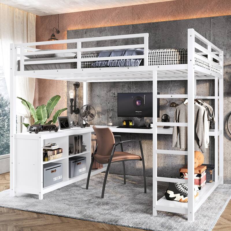 Metal Loft Bed with Wardrobe and L-shaped Desk, Queen Size Loft Bed with Storage Cubes and Shelves - White