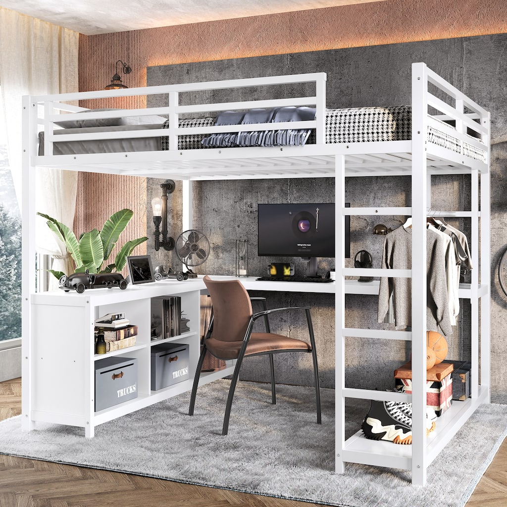 Metal Loft Bed with Wardrobe and L-shaped Desk, Queen Size Loft Bed with Storage Cubes and Shelves