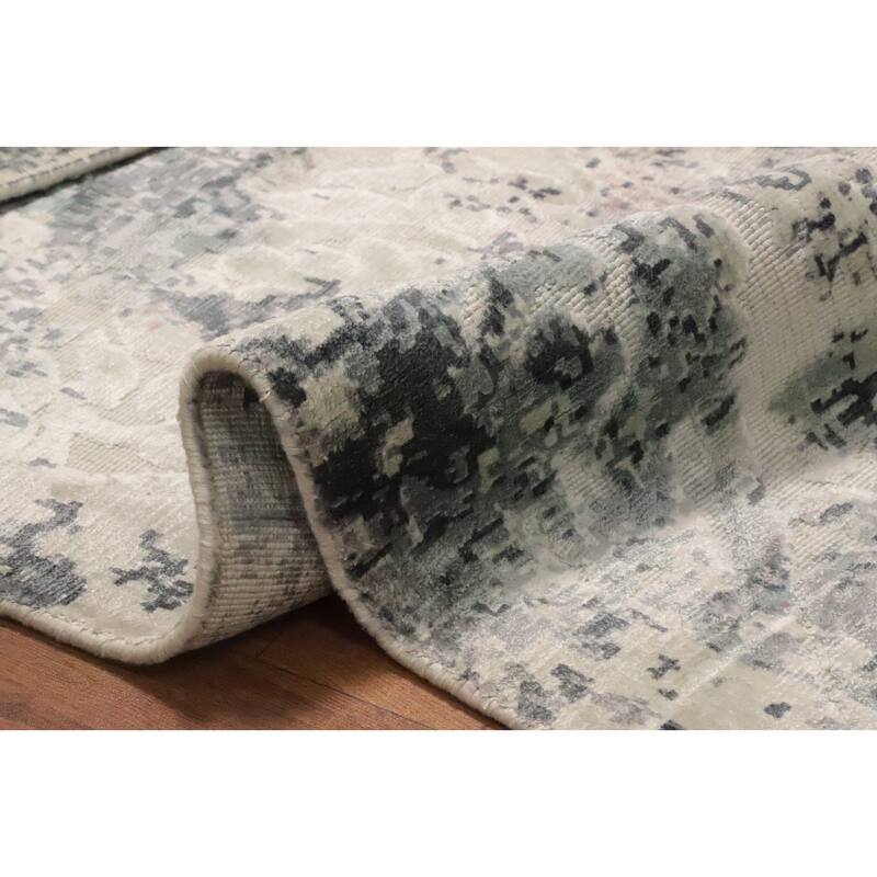 Hand Knotted Oriental Viscose Silk Carpet Modern All-Over Greys & Charcoal Abstract Area Rug - 8' 2'' X 5' 7''