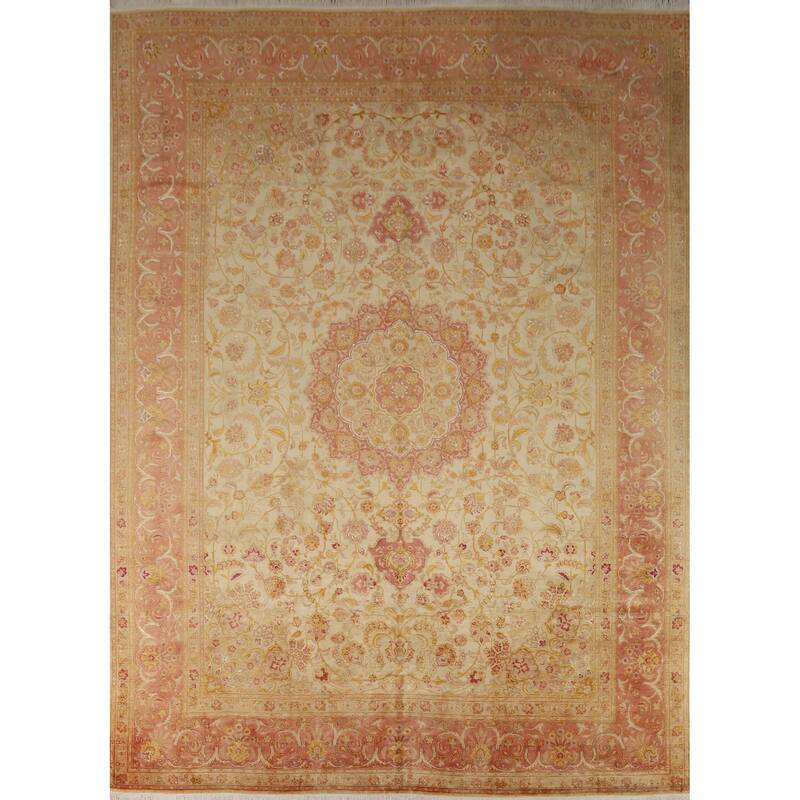 Hand Knotted Oriental 100% Wool Carpet Traditional Floral Beige & Ivories Tabriz Area Rug - 11' 0'' X 8' 4''