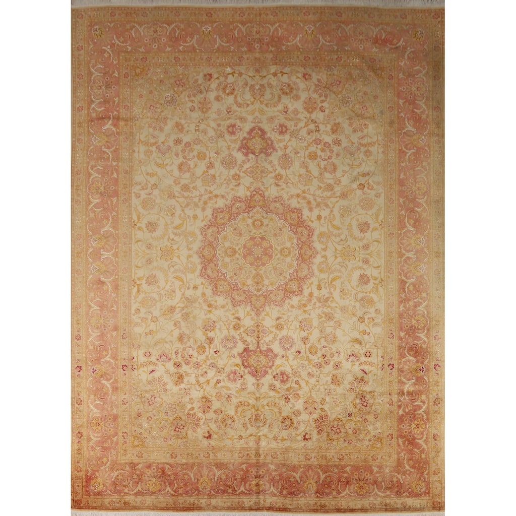 Hand Knotted Oriental 100% Wool Carpet Traditional Floral Beige & Ivories Tabriz Area Rug - 11' 0'' X 8' 4''