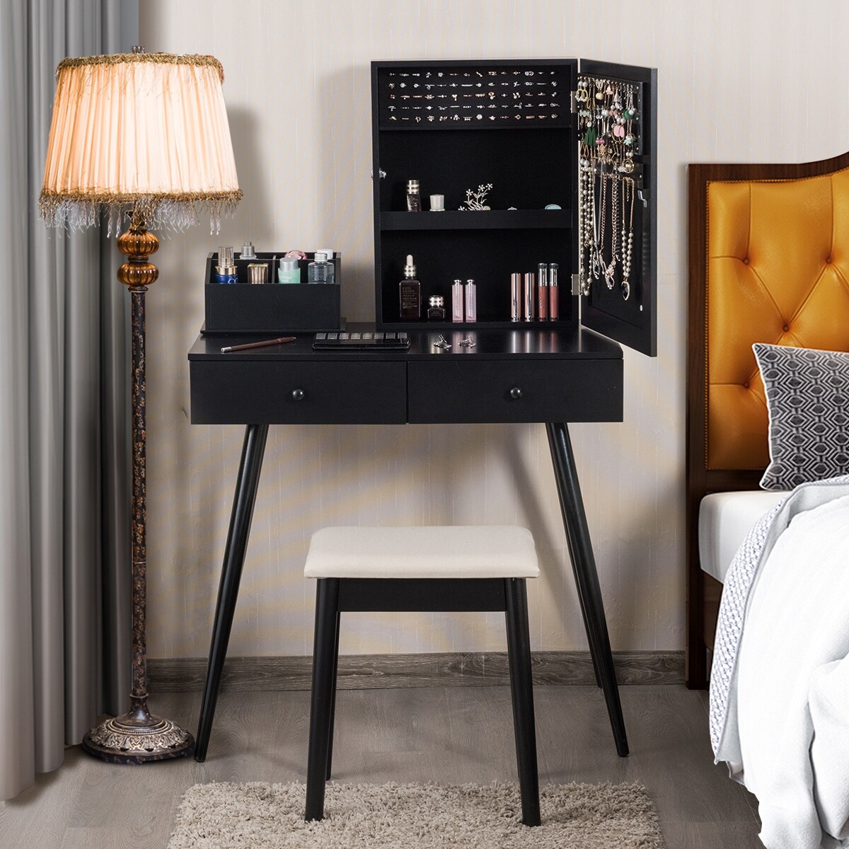 black vanity set with lights