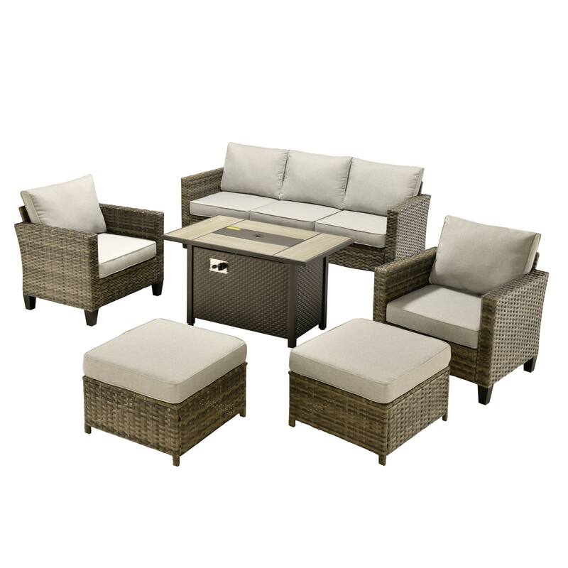 OVIOS 6-piece Patio Wicker Conversation Furniture Set With Fire Pit