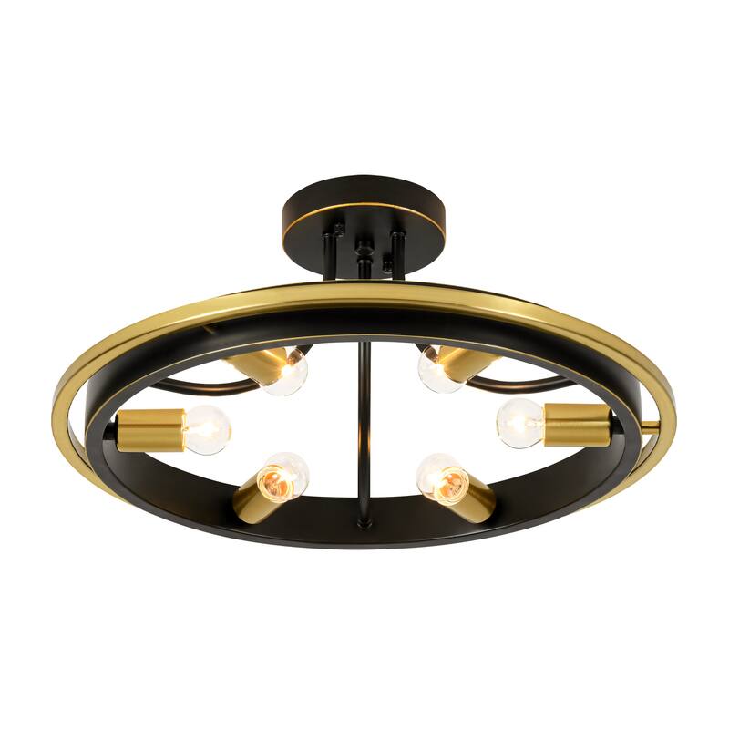 21.7" 6-Light Industrial Mette Black & Gold Wagon-Wheel Circle Ring Semi-Flush Mount Ceiling Light for Living Room, Kitchen