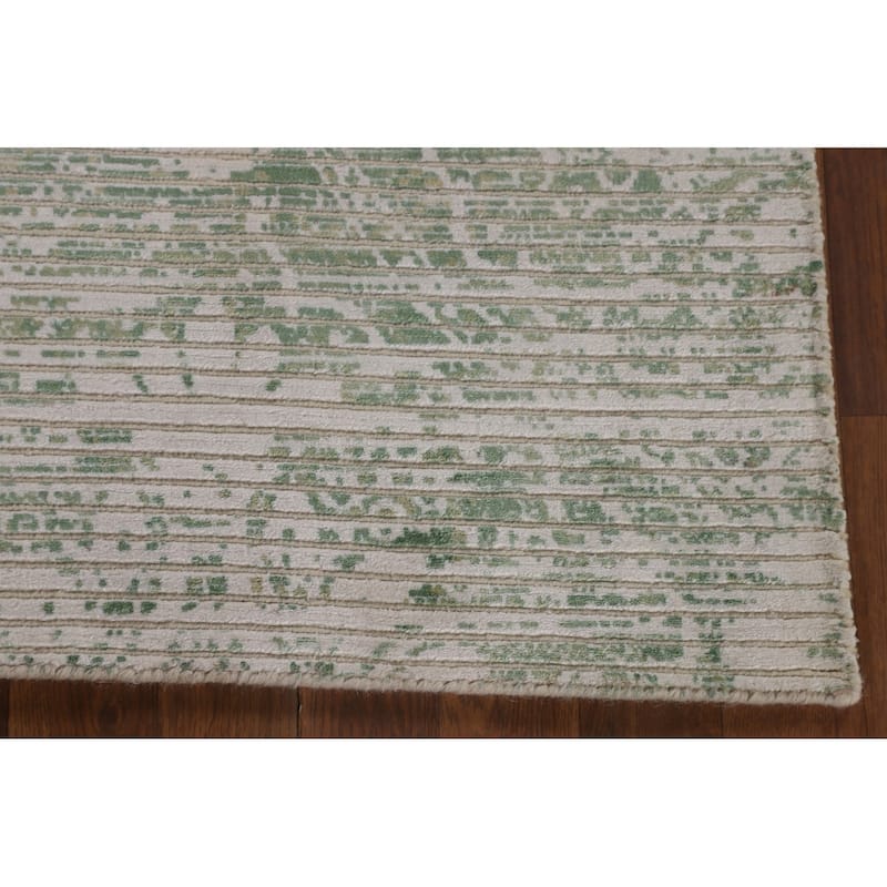 Striped Green Modern Abstract Accent Rug Handmade Wool Carpet - 2'8"x 4'9"