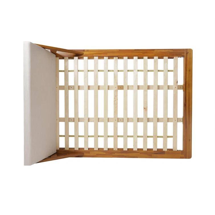 Beige+Natural Queen Size Acacia Wood Bed with Warm Beige Cushion