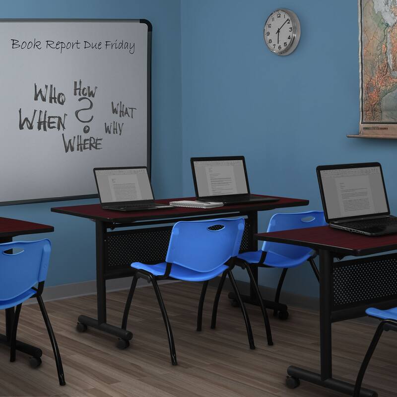 60" x 24" Flip Top Mobile Training Table with Modesty Panel- Mahogany and 2 "M" Stack Chairs- Blue