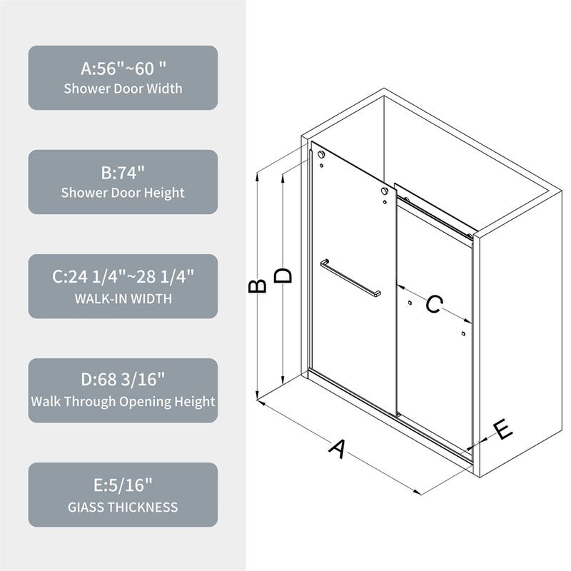 Bathroom Shower Sliding Door with 5/16" Tempered Glass