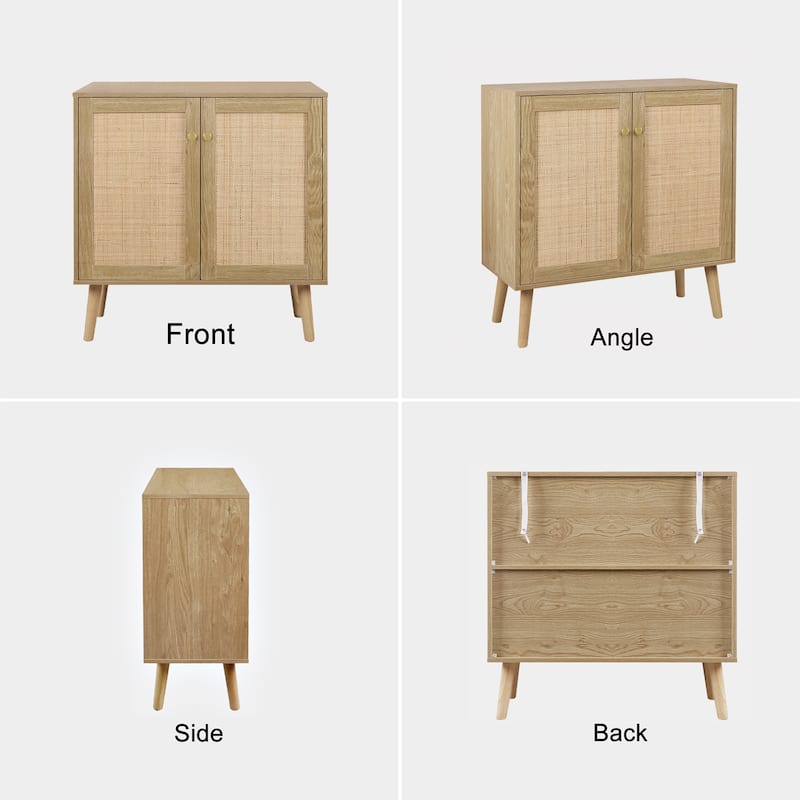 Anmytek 2-Door Farmhouse Wood Rattan Buffet Sideboard Accent Storage Cabinet with Adjustable Shelves