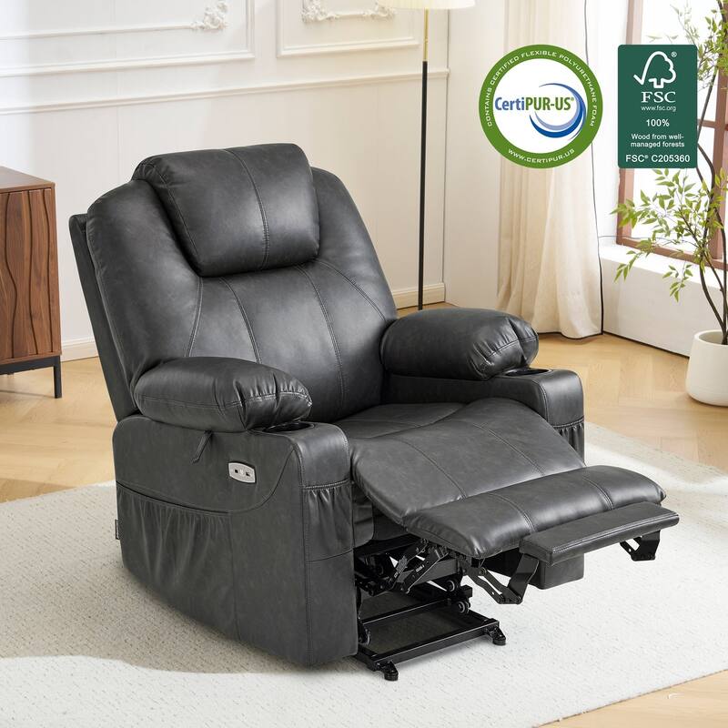 MCombo Electric Power Lift Recliner Chair Sofa with Massage and Heat, 3 Positions, USB Ports, Faux Leather 7040 - Grey