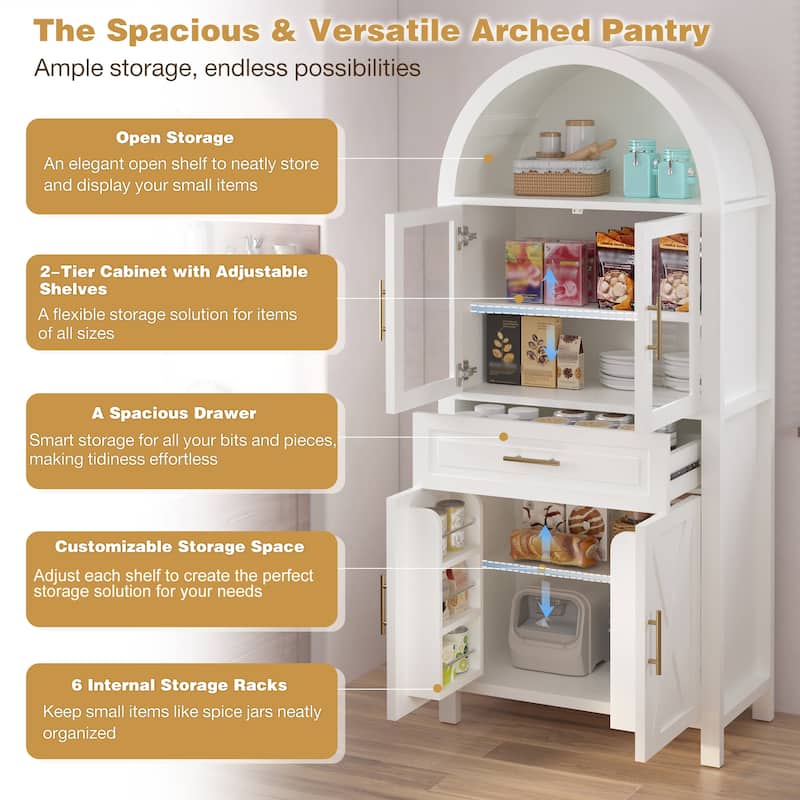 71" Tall Arched Kitchen Pantry Cabinet with Glass Door, Farmhouse Storage Pantry Cabinet with Adjustable Shelves