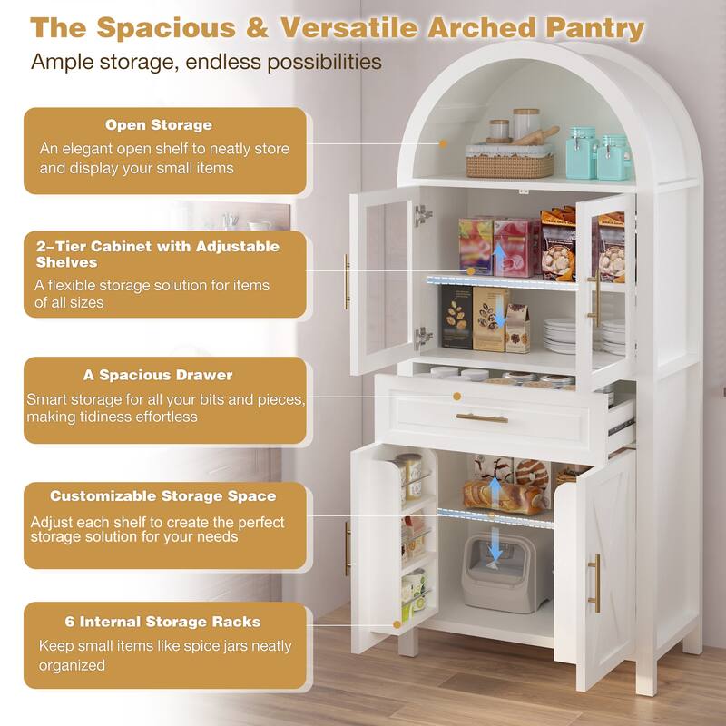 Arched Kitchen Pantry Cabinet, Storage Cabinet with Large Drawers, Display Cabinet with Glass Doors & Adjustable Shelves