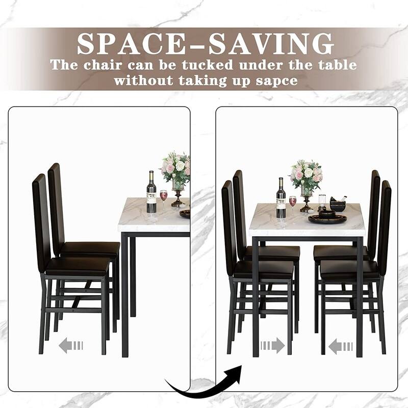 Modern Kitchen Dining Table Set for 4, Faux Marble Dining Set with 4 PU Leather Upholstered Chairs for Living Room, Kitchen