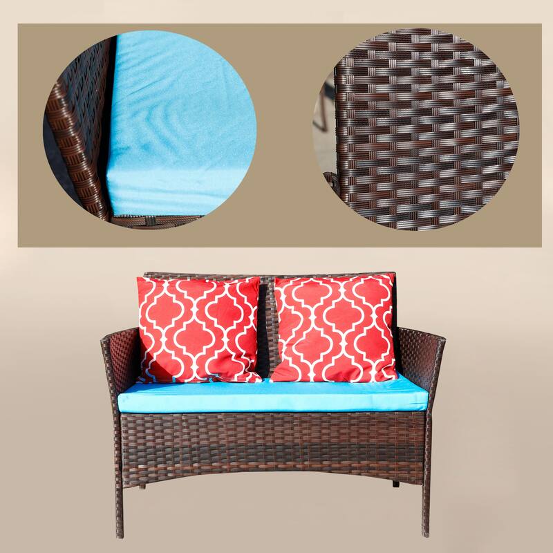 Four-Piece Sofa Set Table With Sofa Chair PE Rattan Outdoor Furniture With Sapphire Blue Color Cushion