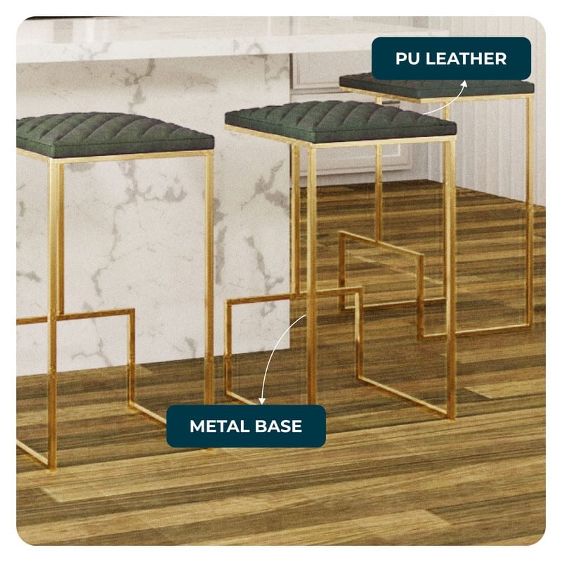 Quincy Modern Leather Barstool with Upholstered Square Seats in Gold Metal & Footrest for Home Bar & Kitchen Counter