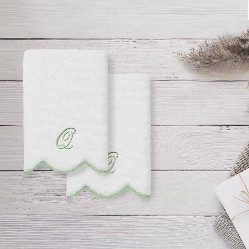 Authentic Hotel and Spa 100% Turkish Cotton Green ADORNIA Scallop Personalized 2 Piece Fingertip Towel Set - 2 Fingertip Towels