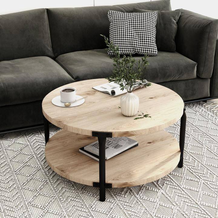 Modern Minimalist Style Round Bohemian Coffee Table Wooden 2 Layer Coffee Table with Large Storage Space, for Living Room