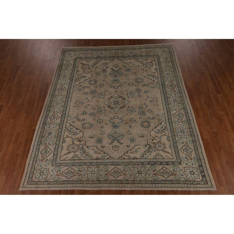 Vegetable Dye Oushak Turkish Rug Handmade Beige Floral Wool Carpet - 7'10"x 9'6"