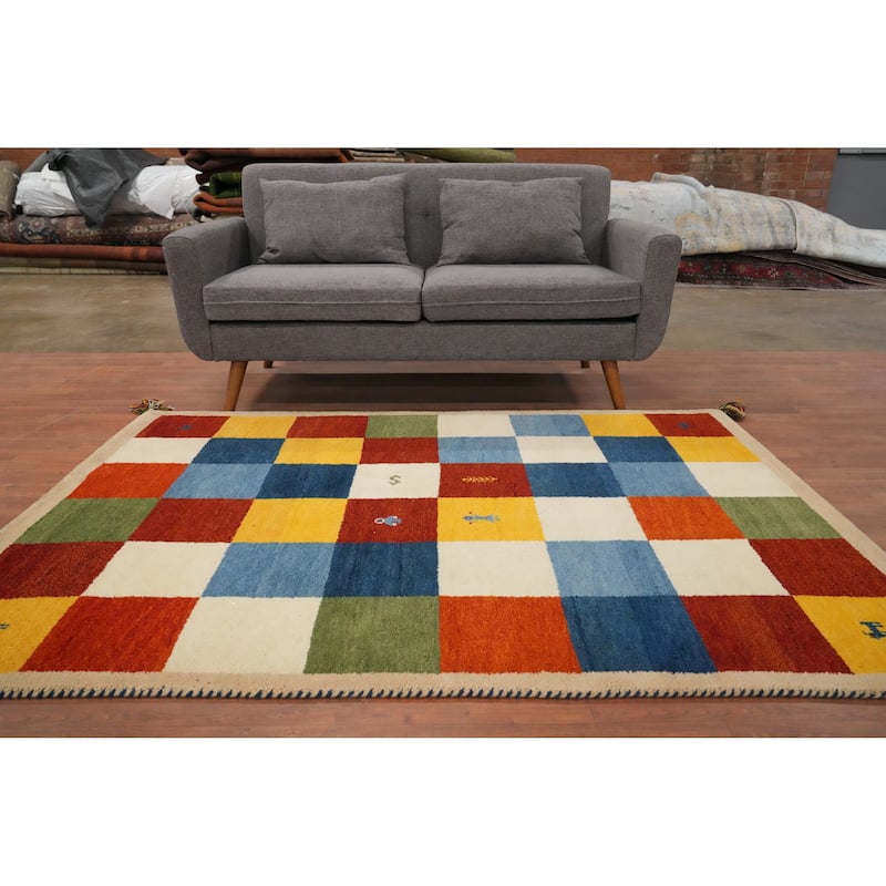 Hand Knotted Oriental 100% Wool Carpet Modern Geometric Multi-Colored Gabbeh Area Rug - 6' 7'' X 4' 9''