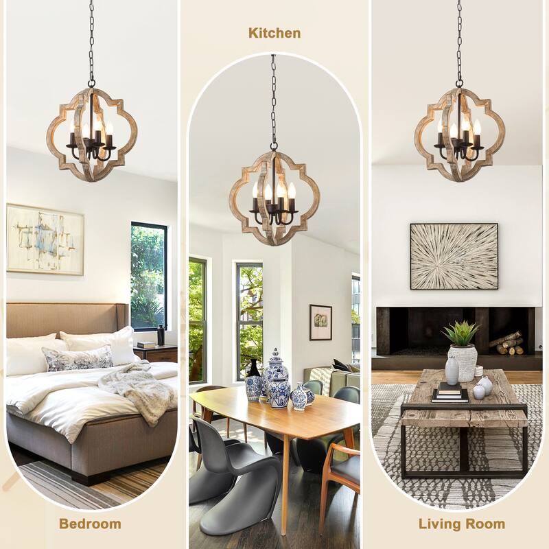 Bella Depot 16" 4-Light Distressed Wood Chandelier Adjustable Pendant Light for Dining Room Bedroom