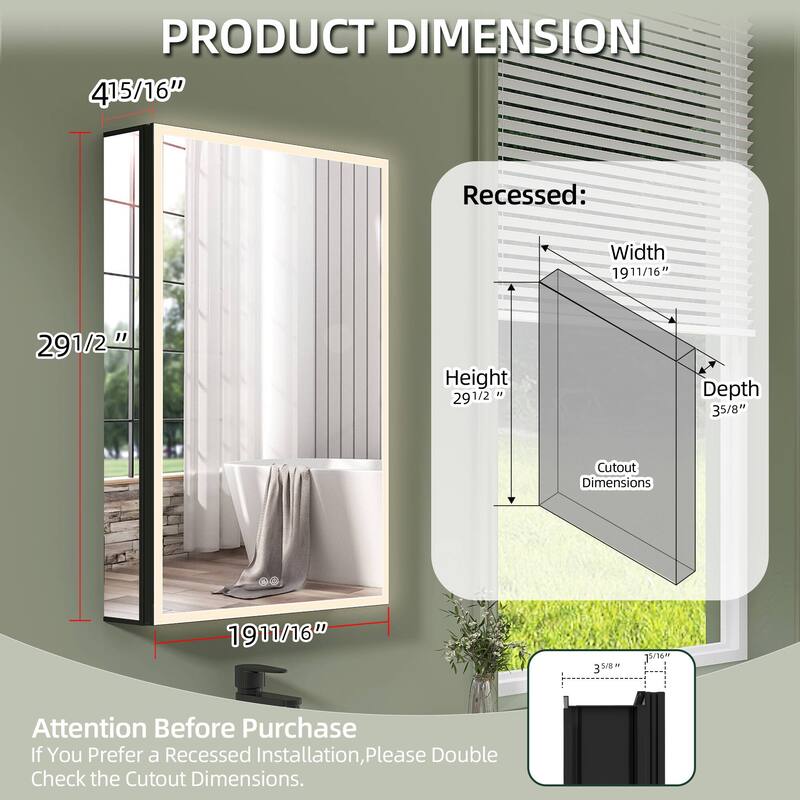 20'' W 30'' H Recessed Frameless Medicine Cabinet Mirror 3 Adjustable