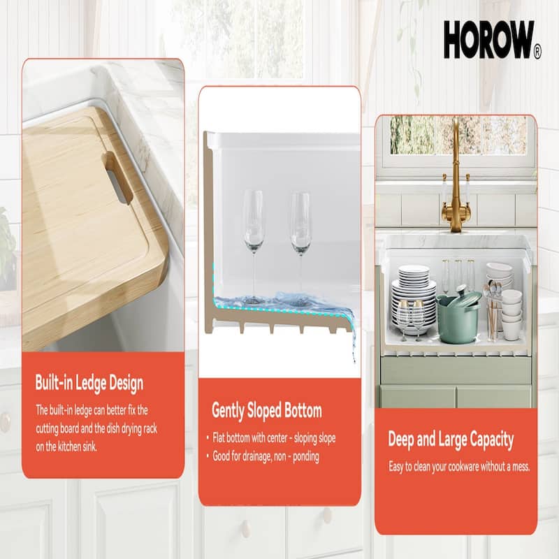 HOROW 33in. Farmhouse/Apron-Front Single Bowl White Fireclay Workstation Kitchen Sink w/Cutting Board,Bottom Grid and Strainer