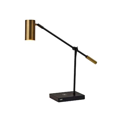 Black Metal Swing Arm LED Desk Lamp with Antique Gold Cylinder Shade USB Charging - 22.5” x 5” x 22.25” (D x W x H)