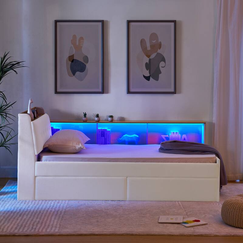 Twin Size Day Bed with Storage Headboard and Wireless Charging, Multi-functional Daybed with Two Storage Drawers & LED Lights