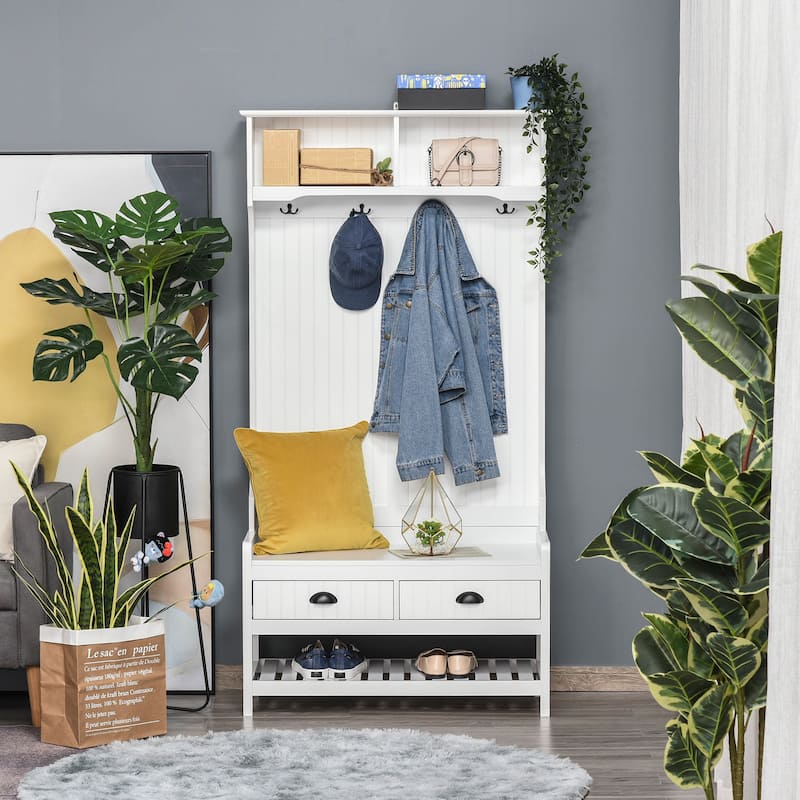 Modern Coat Rack with Shoe Rack 2 Drawers 4 Hooks and Padded Seat Cushion, for Entry and Hallway, White