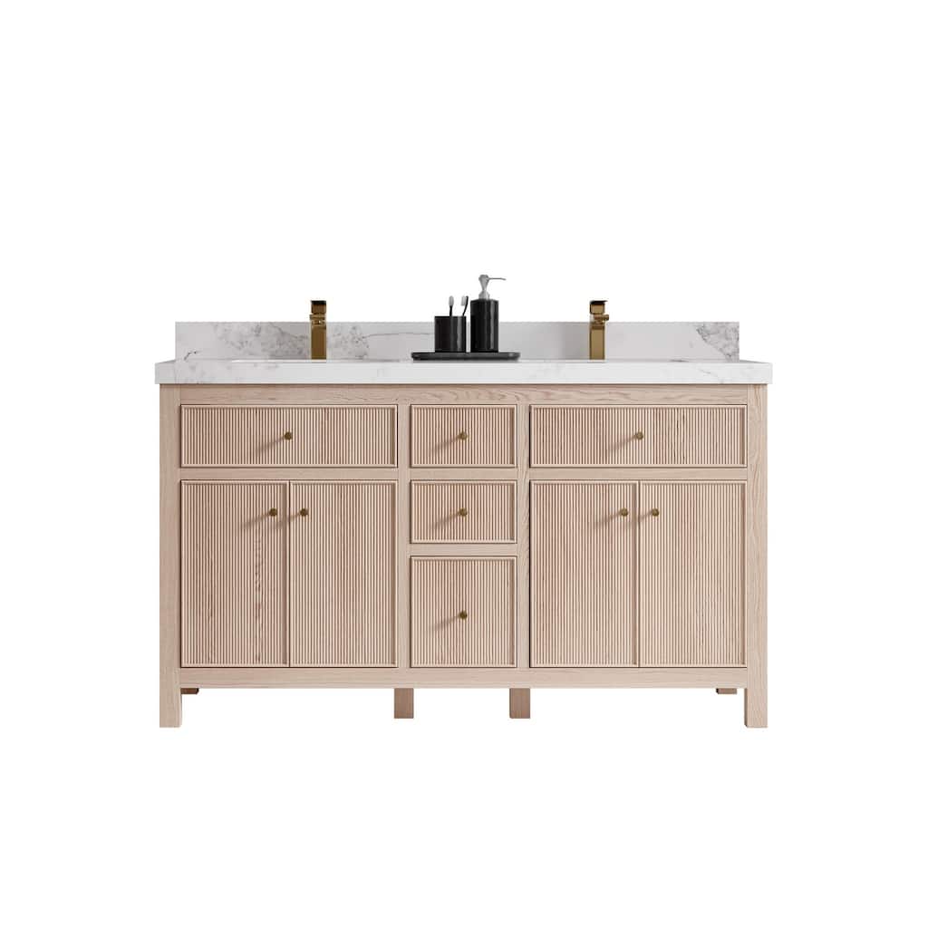 Willow Collections 60 x 22 Sonoma White Oak Wood Double Sink Bathroom Vanity with Quartz or Marble Countertop