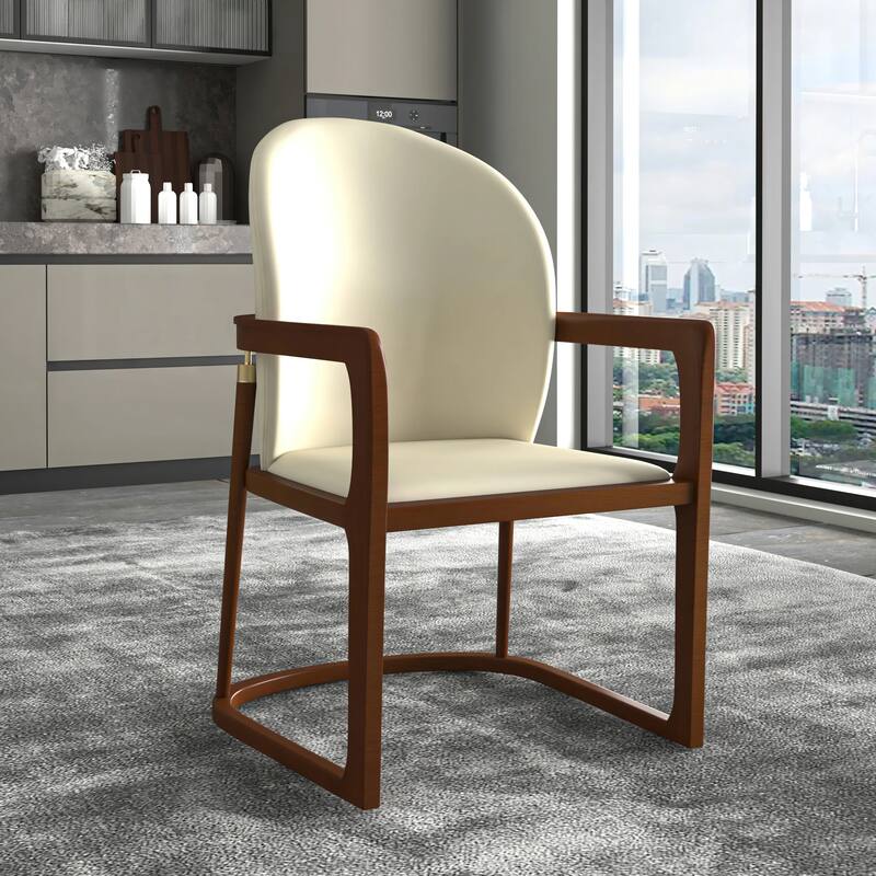 Svelta Leather Dining Chair with Rubberwood Legs Curved Back Accent Arm Chair for Kitchen and Dining Room Set of 2