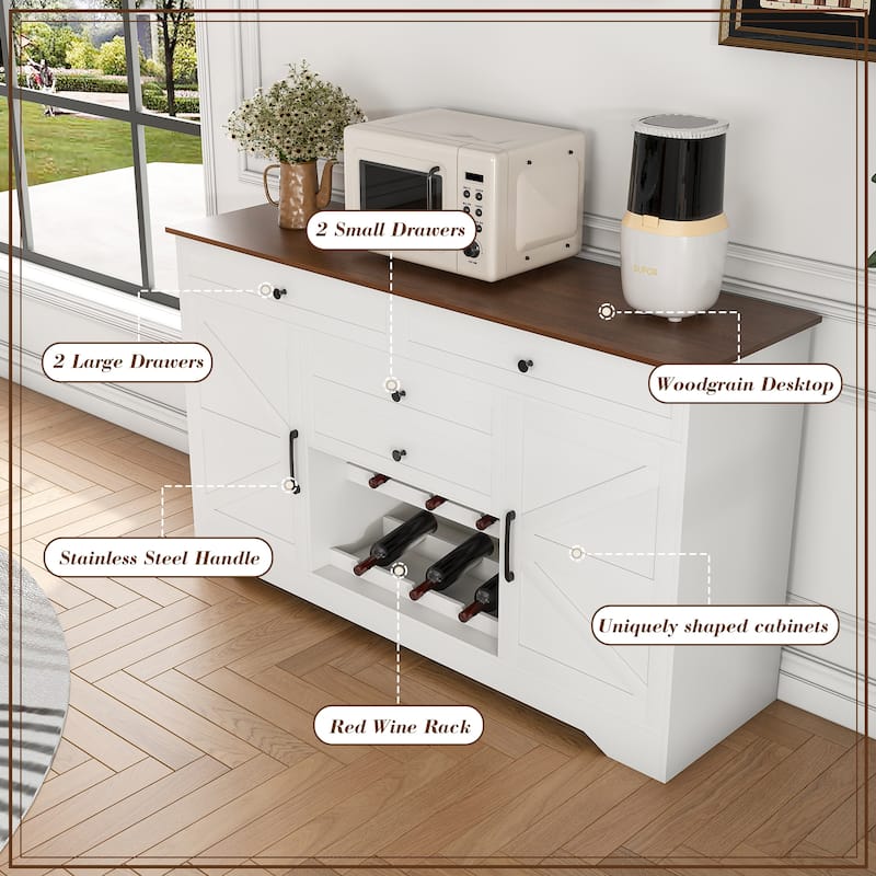 Farmhouse Buffet Sideboard with Storage Cabinet & Adjustable Shelf - Wood Top Dining Table with Drawer, Kitchen Storage Cabinet