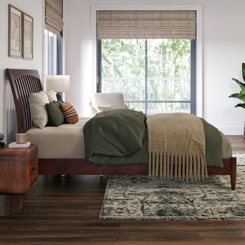 Solid Wood Platform Bed - Low Profile Sleigh Bed Frame - Full Size Bed - Walnut Finish