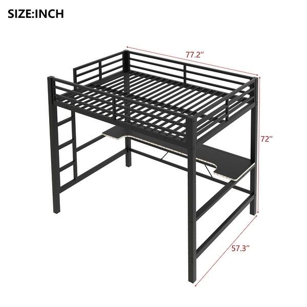 dimension image slide 1 of 2, Full Size Gaming Metal Loft Bed Frame with LED Light and Desk, 77.2"L x57.3"W x 72"H