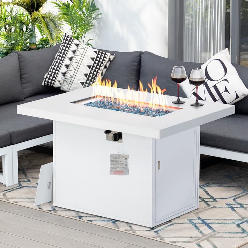 FINCATI Outdoor Aluminum 43" Propane Fire Pit Table, Dual-fuel, CSA-certified 60,000 BTU Royal Modern Rectangular Fire Pit - White