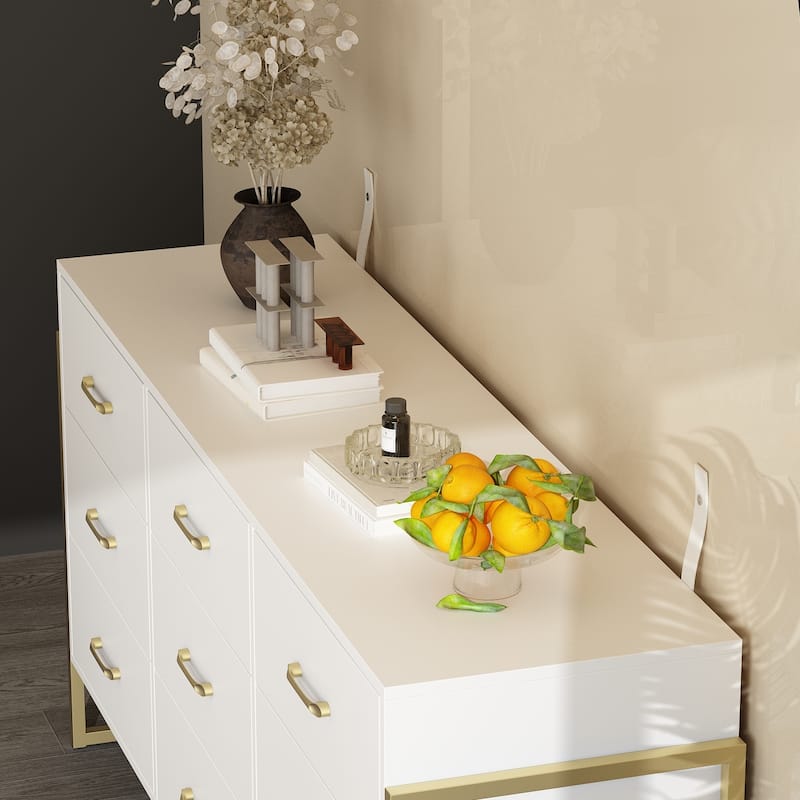 61.4” White 9-Drawer Dresser with Gold Metal Frame, Modern Storage Cabinet for Bedroom, Living Room or Entryway