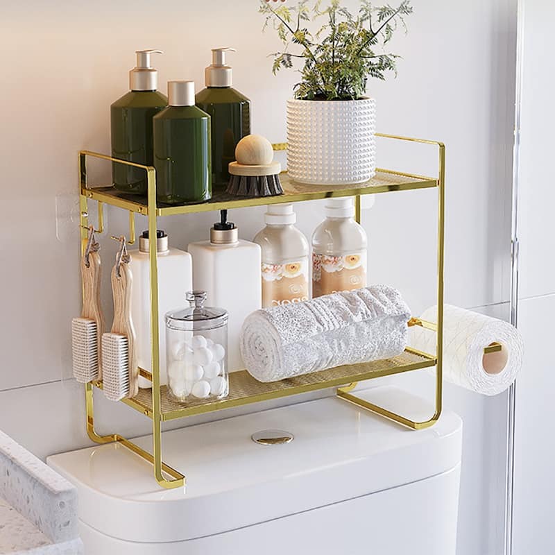 Over The Toilet Storage Shelf, 2-Tier Large Capacity Bathroom Storage Organizer With Paper Holder And 2 Hooks - gold