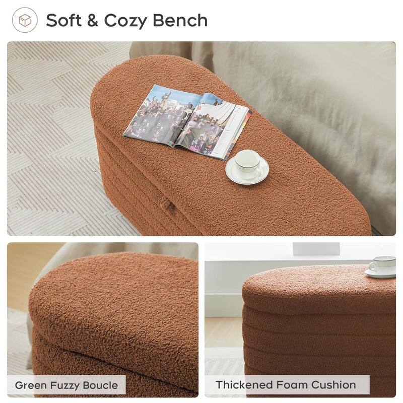 45" White Teddy Storage Ottoman Bench for Living Room Bedroom,Oval Sherpa Storage Bench Ottoman Foot Rest Anti-slip Legs