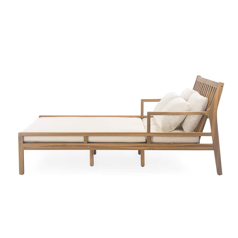 Outdoor Daybed Patio Double Chaise Lounge with Pillows, Wooden Sunlounger with Armrests