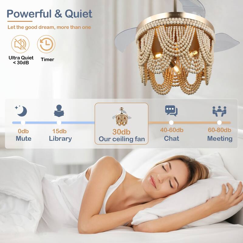 Cusp Barn 42 Inch Boho Retractable Ceiling Fan with Remote, Coastal 6 Speeds Fandelier, Farmhouse Caged Wood Beaded Ceiling Fan