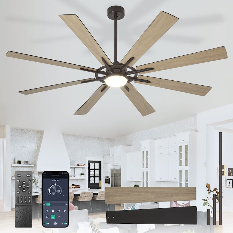 Modern 72 Inch 8 Blade Outdoor large Ceiling Fans with Lights: Dimmable Indoor Reversible 6 Speed Quiet DC Motor - 72in - Black