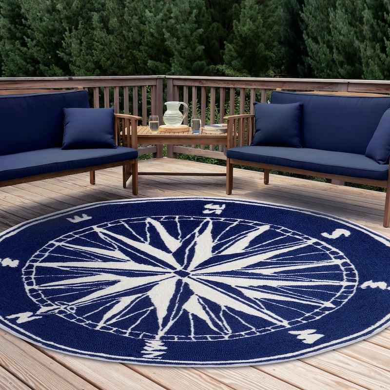 Liora Manne Frontporch Compass Indoor/Outdoor Rug Navy 5' RD - 5' RD